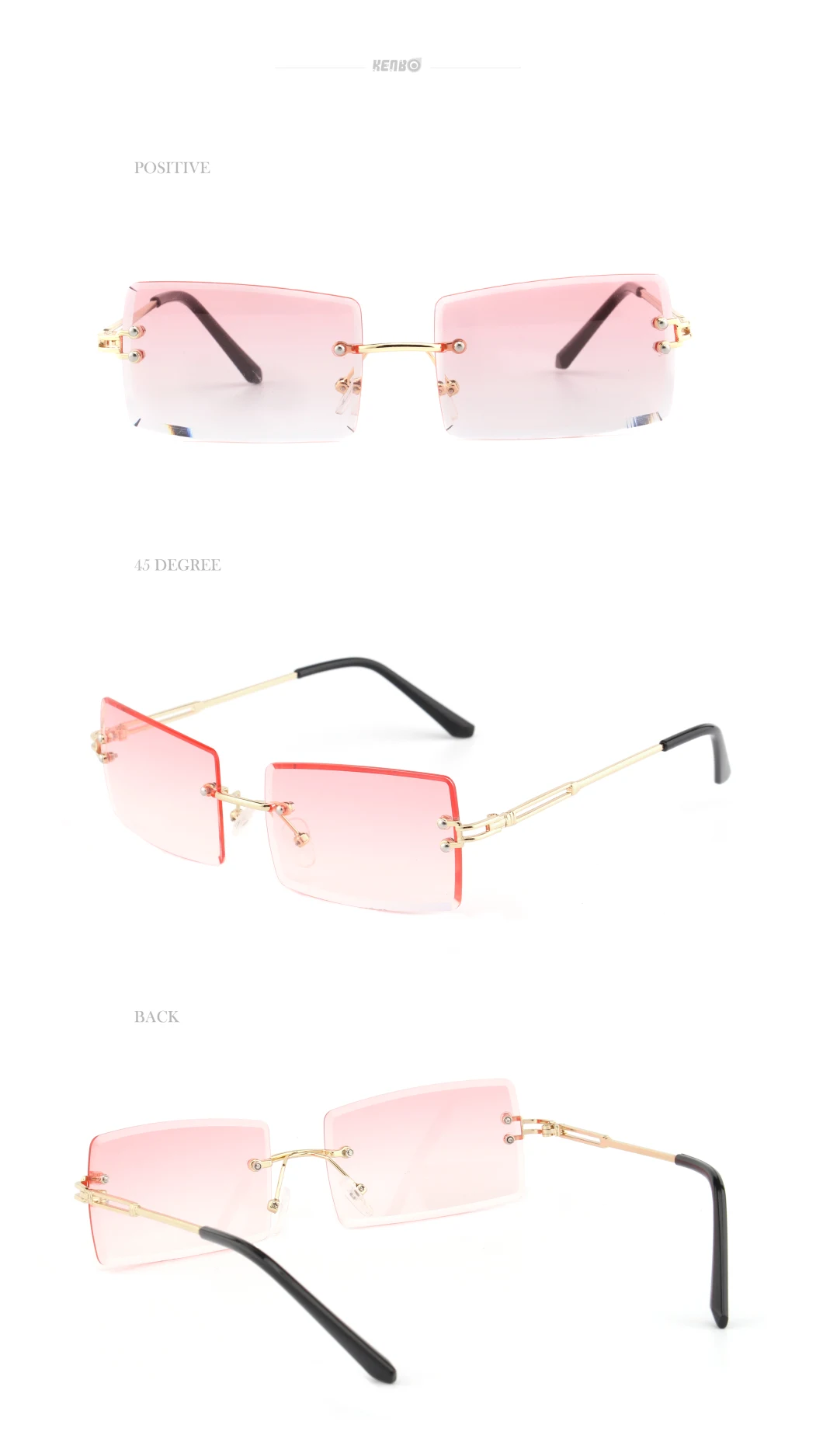 Kenbo Eyewear High Quality Metal Gradient Vintage Small Rectangle Rimless Sunglasses for Women 2020