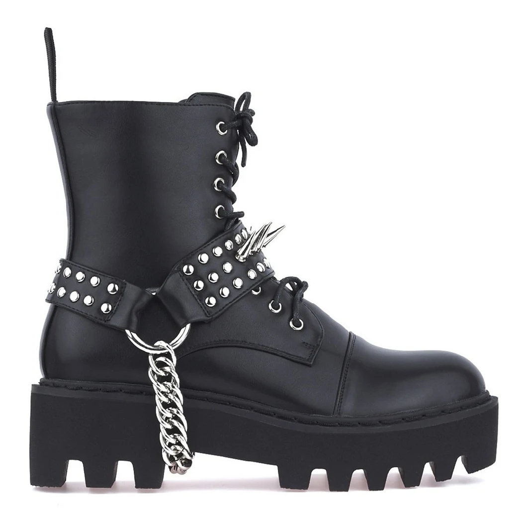 Fashion Women Boots Girls Spikes Chains Winter Studs Lace up Ladies Shoes