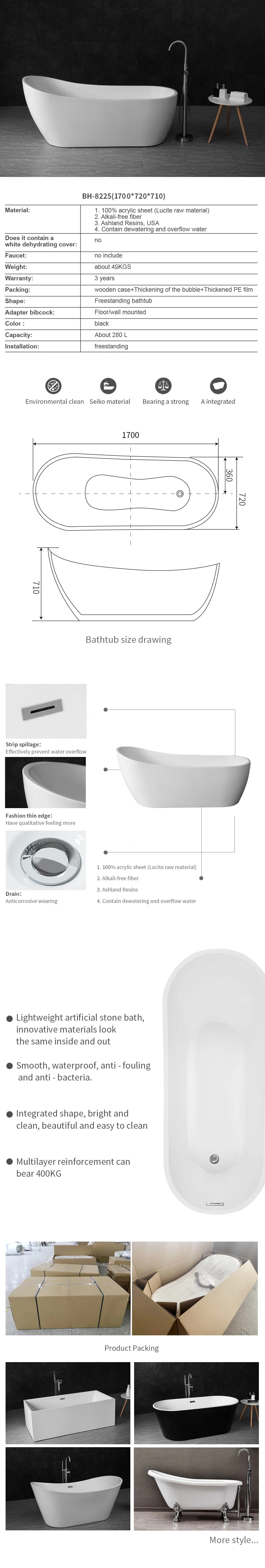 Fashionable Acrylic Durable Whirlpool Bathtub Freestanding White Bath Tub