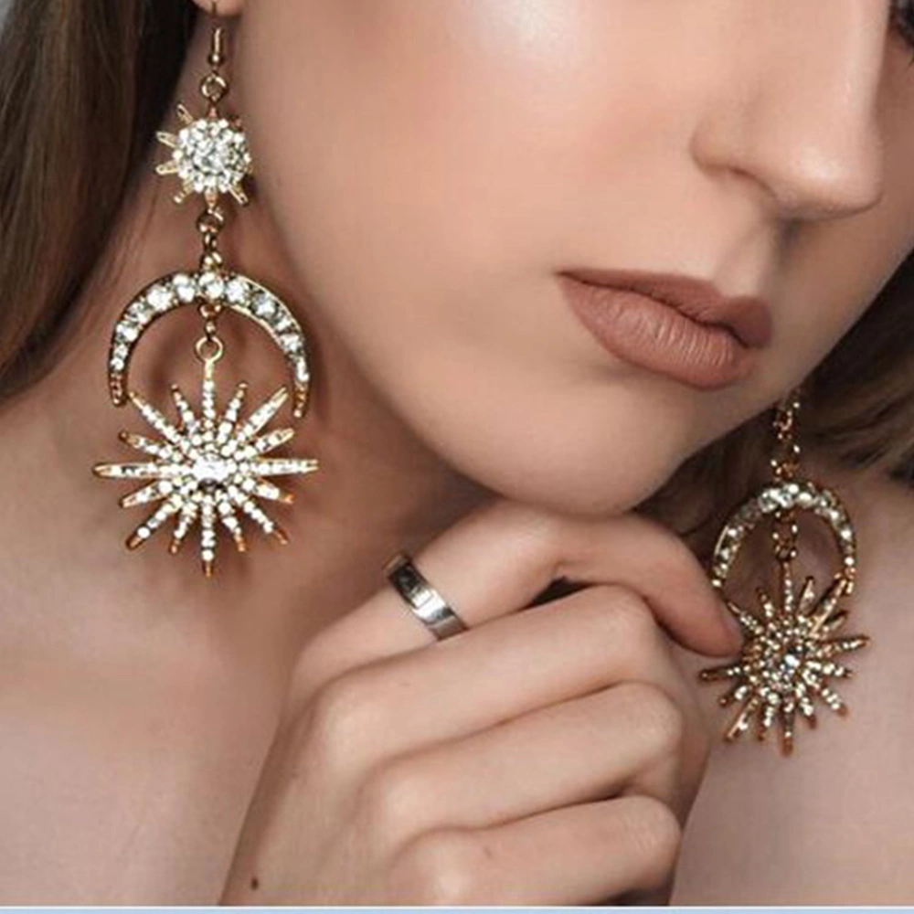 New Six-Pointed Star Earrings Fashion Exaggerated Sun Moon Alloy Earrings