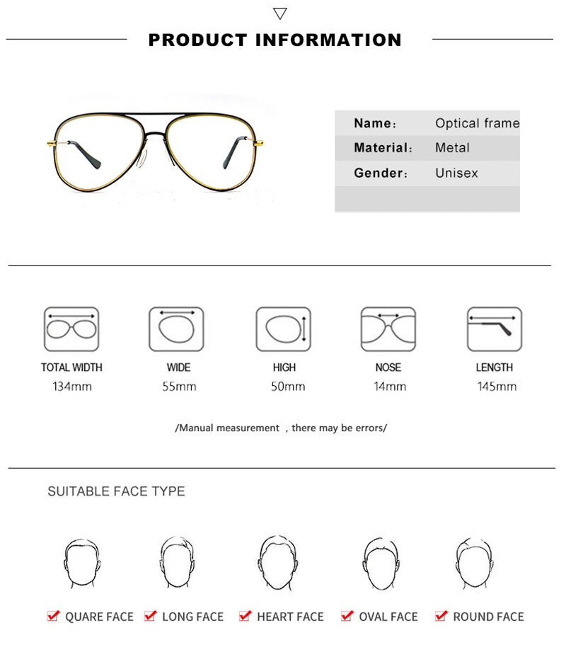2019 New Design Safety Fashion Oval Retro Double Bridge Metal Spectacles Eyewear Glasses