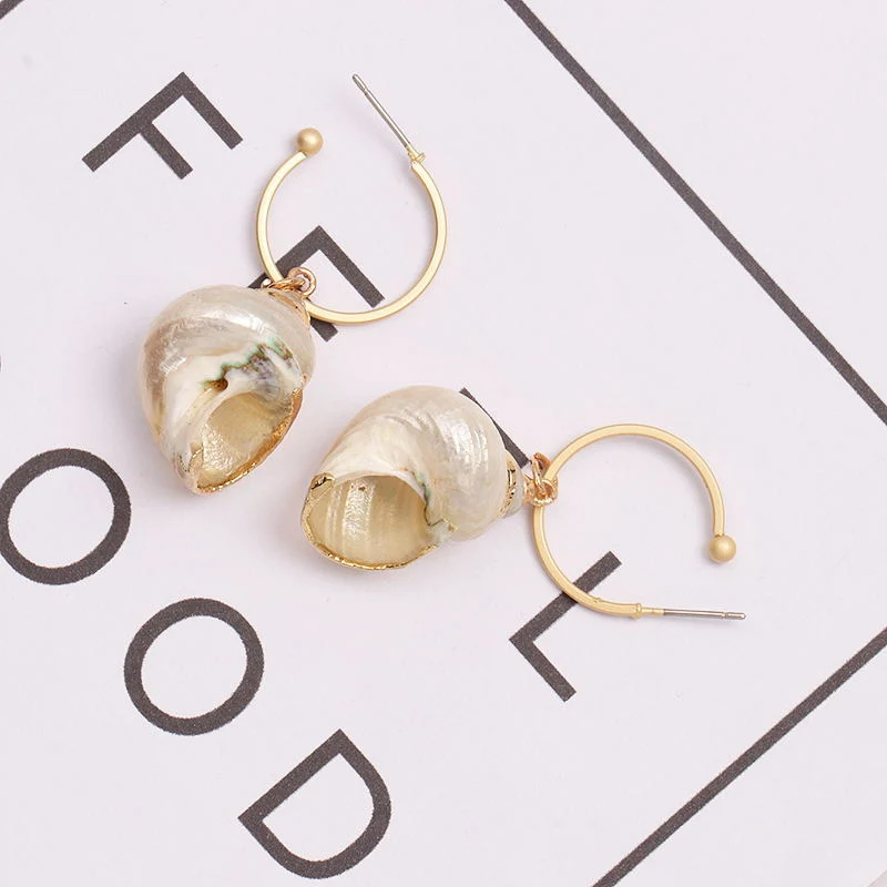 Bohemian Gold Plated C Hoop Sea Shell Pendant Earrings Jewelry for Women