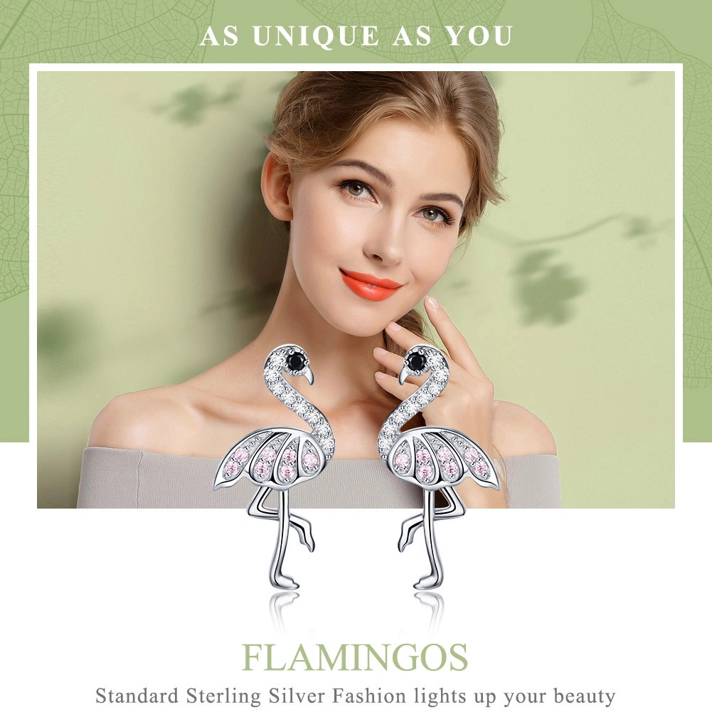 Creative Silver Jewelry Flamingos Animal Cubic Zirconia S925 Silver Stud Earrings