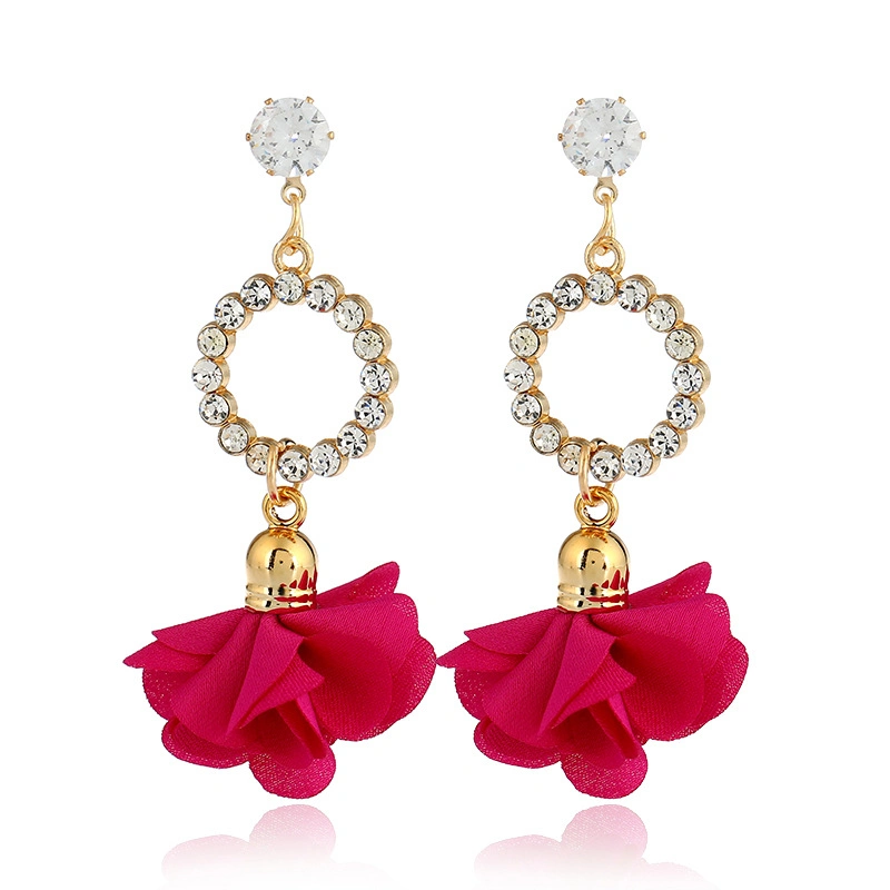 Fashion Fabric Flower Earrings Women Crystal Stud Earrings