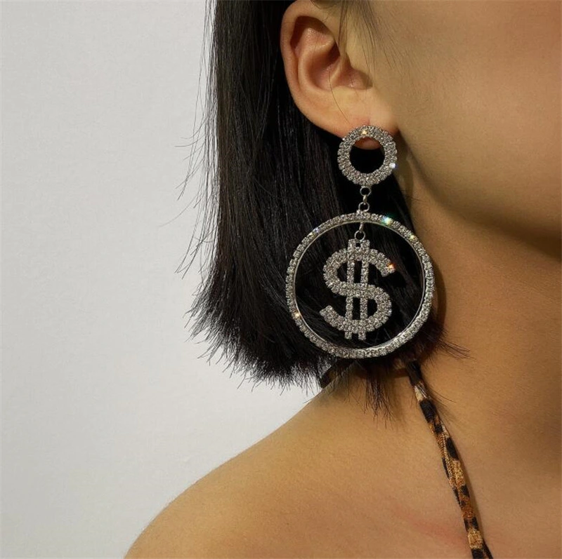 White Rhinestone Bling Bling Hip Hop Party Men Women Dollar Sign Earring Stud Jewelry