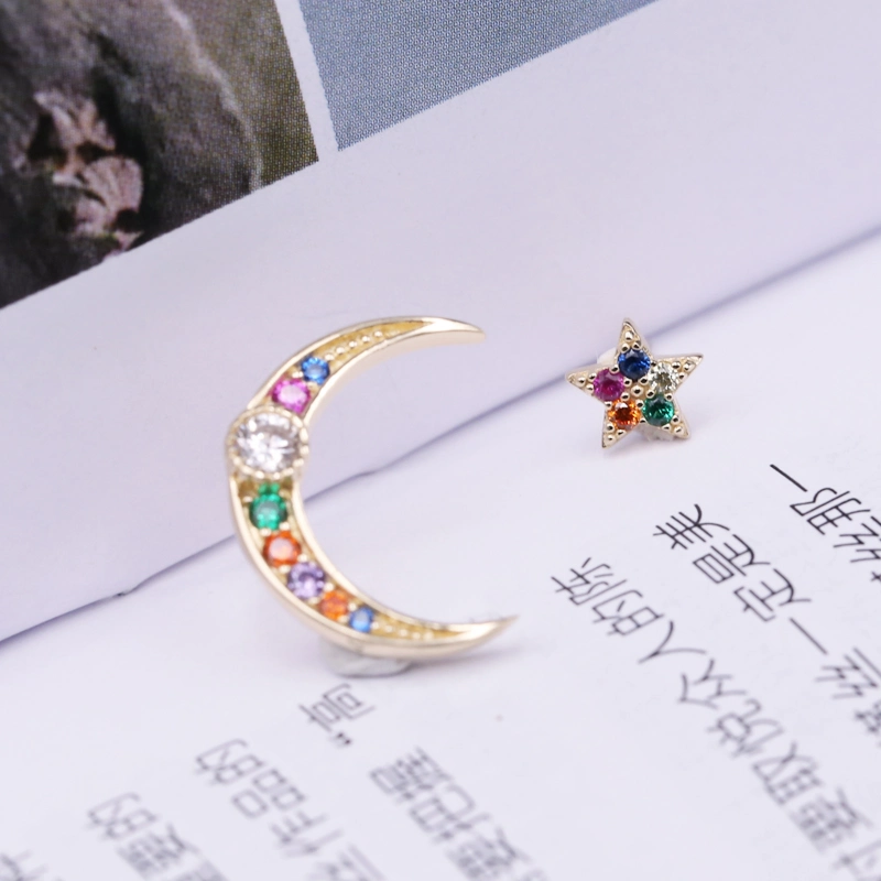 Wholesale Custom Silver 18K Gold Plated Rainbow Moon Star Stud Earrings