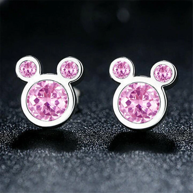 Dazzling Mickey Stud Earrings for Women Pink Zircon/ Clear Zircon Brincos Jewelry Bijoux