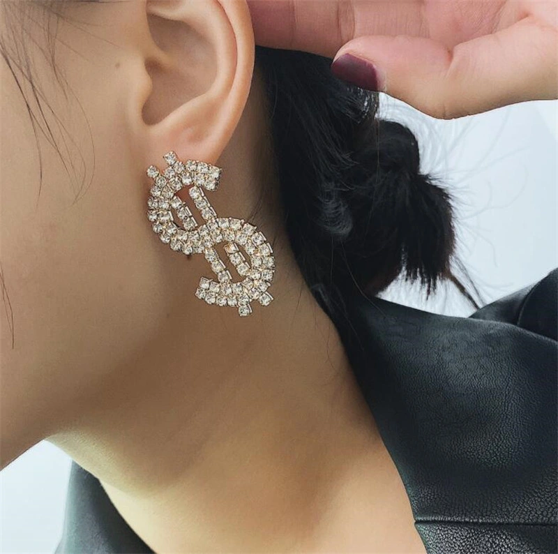 Elegant Woman Earrings Jewelry Dollar Sign Design Diamond Gilded Pendant Engagement Earrings