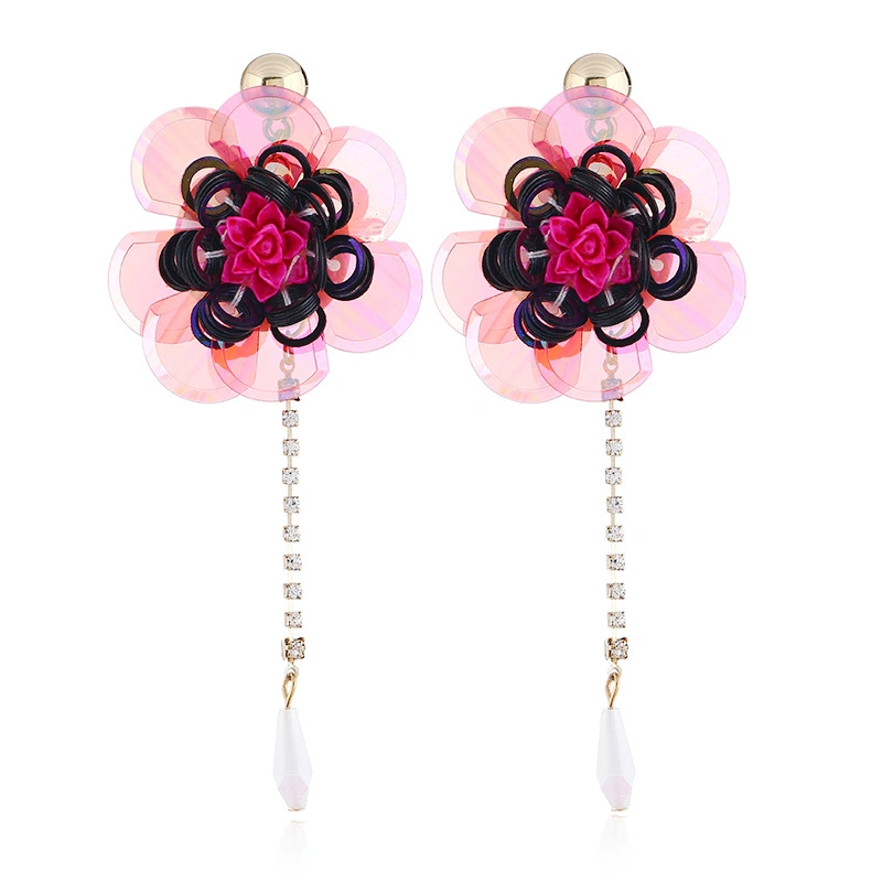 New Style Flower Sequins Tassel Long Paragraph Seaside Wind Earrings Sweet Earrings