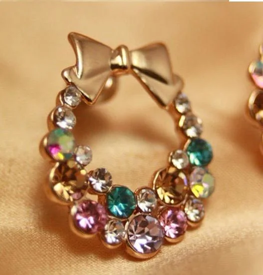 Rhinestone Bowknot Ear Stud Earrings Women Lady Party Gift