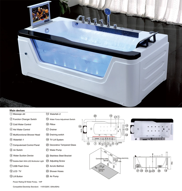 2m Length Big Size Cheap Whirlpool Bathtub with Massage Water Jets