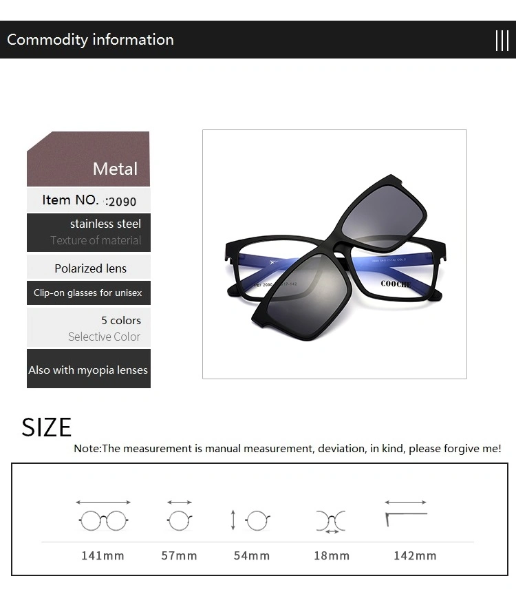 2020 Fashion High End Polarized Clip Lens Sunglasses Tr90 Stainless Steel Metal Clip on Sunglasses