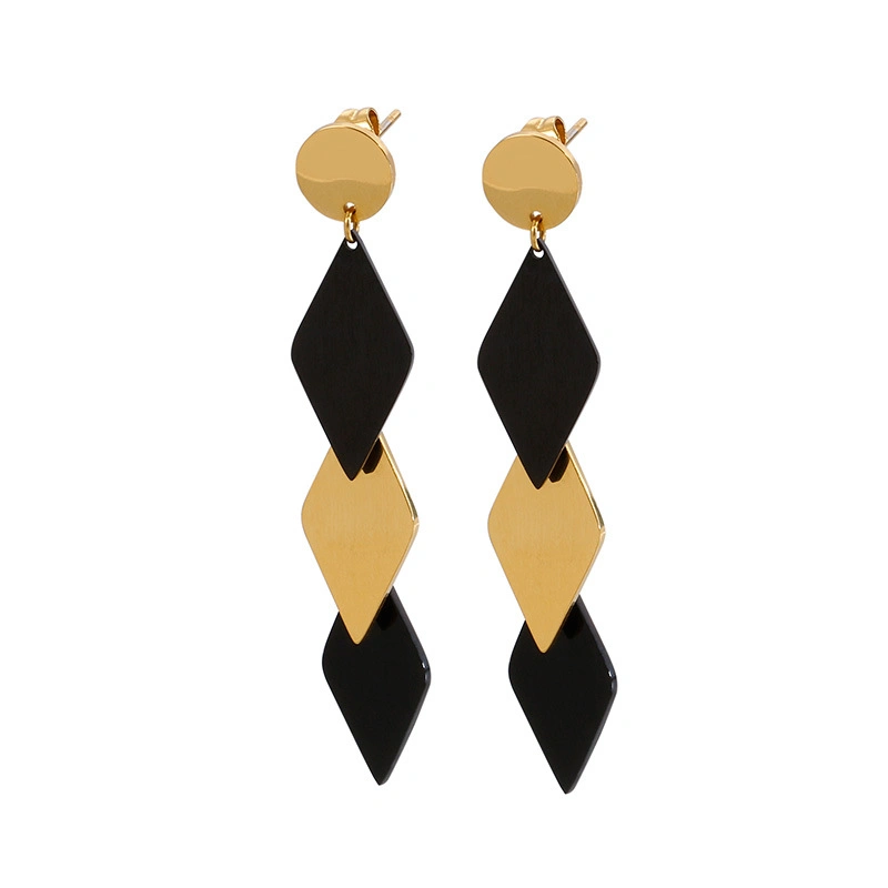 Geometric Black Long Multi-Layer Diamond-Shaped Gold-Plated Stainless Steel Earrings Stud