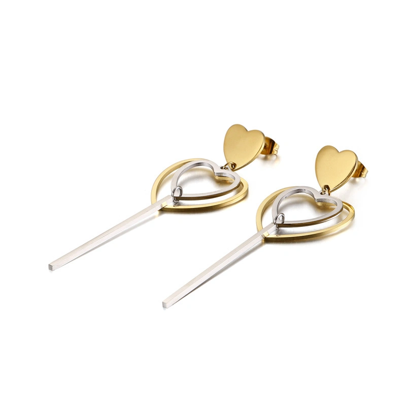 Double Heart-Shaped Geometric Long Gold-Plated Stainless Steel Earrings Stud
