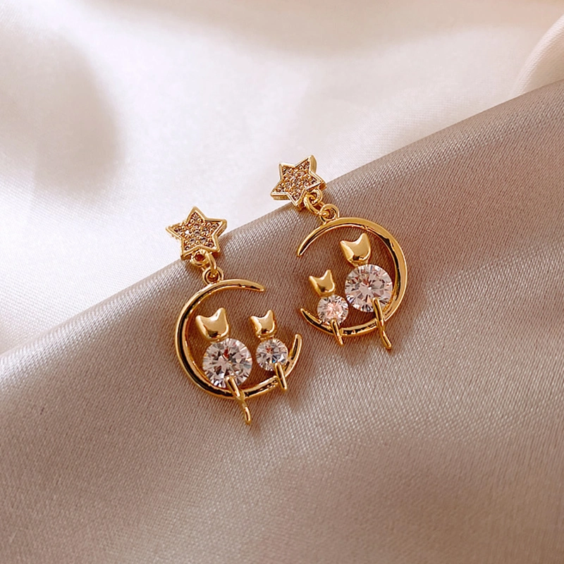 Star Moon Cat Stud Earrings for Women Charming Wedding Party Crystal Earring Accessories Charming Wedding Party Crystal Earring Accessories