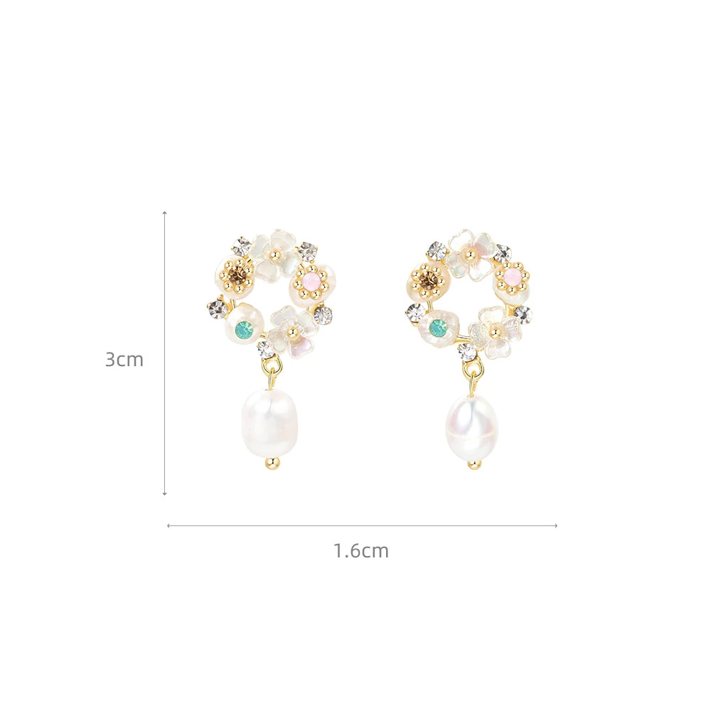 Shell Rhinestone Flowers Cute Sweet Earrings New Trend Simple Freshwater Pearl Pendant Earrings