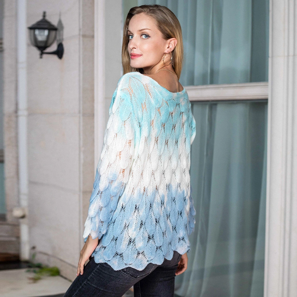 Women's Feather Hollow Thin Knitwear Flared Sleeve Tie-Dye Knitted Sweater for Women