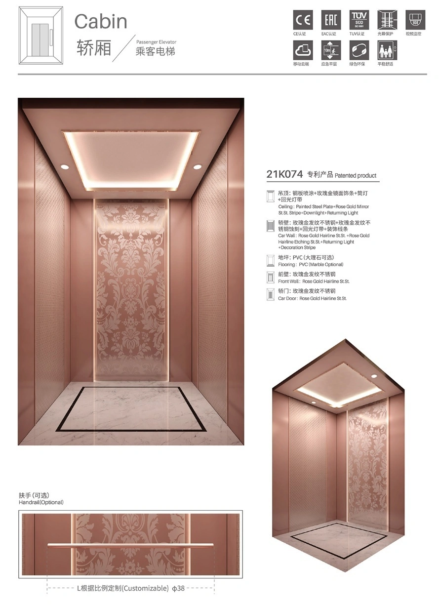 Rose Gold Mirror 630kg 8persons Passenger Cargo Lift for Home