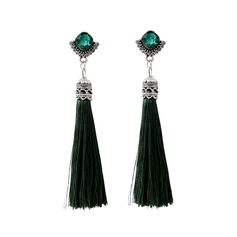 Boho Fashion for Lady Long Style Tassel with Crystal Stone Stud Earrings