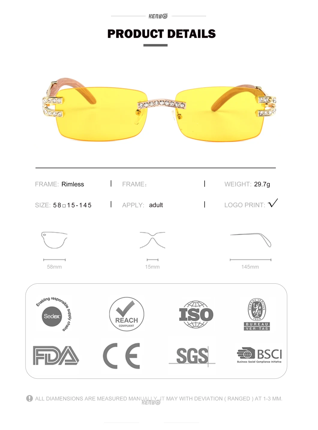 Kenbo Eyewear 2021 Luxury Diamond Unique Rimless Frameless Shades Sunglasses for Womens
