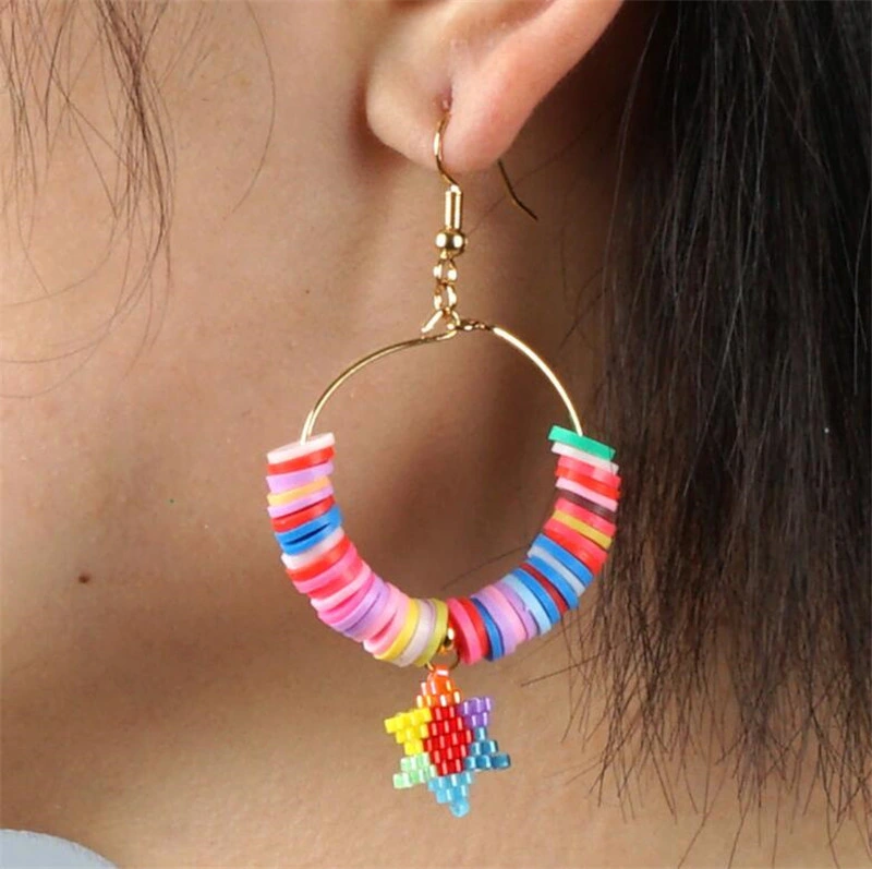 Summer Beach Style Rainbow Soft Clay Earrings Female Miyuki Hand-Woven Six-Pointed Star Earring