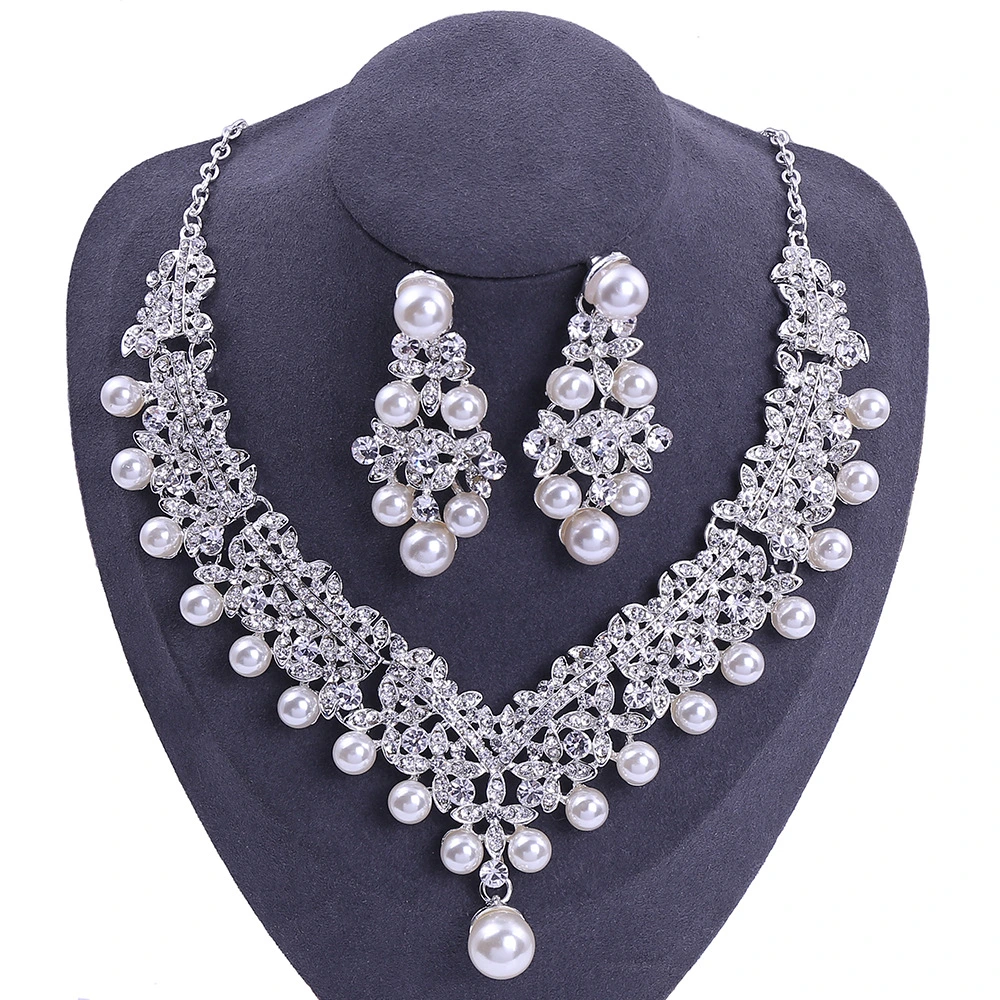 Wedding Bridal 925 Sterling Silver Charm Pearl Rhinestone Crown Necklace Earring Set