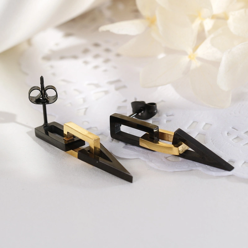 Black Triangle Geometric Rectangle Gold-Plated Stainless Steel Earrings Stud
