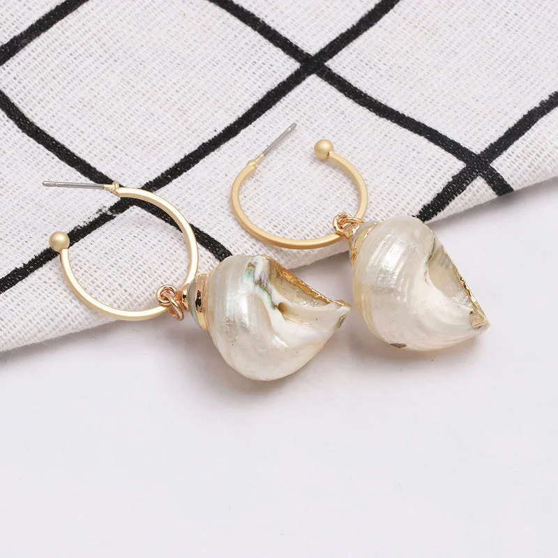 Bohemian Gold Plated C Hoop Sea Shell Pendant Earrings Jewelry for Women