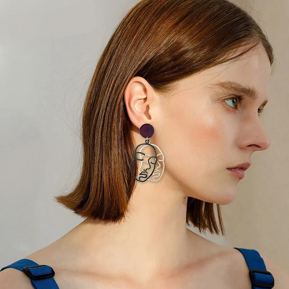 Personalized Charming Double Layers Hollow Face Dangle Earrings for Women Wood Face Drop Earrings Girls