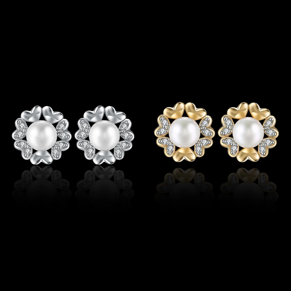 Zircon Women Earrings Imitation Pearl Zircon Earrings Champagne Gold Plated Flower Shape Earrings