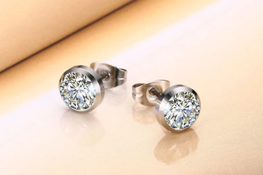 Fashion All-Match Earrings Women's Jewelry Wholesale 8mm Stainless Steel Zircon Earrings Steel Color Er1092