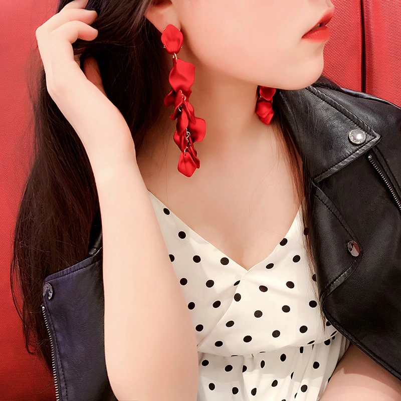 2020 European Vintage Acrylic Flower Tassel Earrings Red Color Multi Acrylic Multi-Layer Petal Drop Earrings for Elegant Women