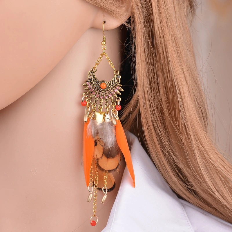 Hot Sale Women Crystal Long Brid Feather Tassel Fringe Earrings