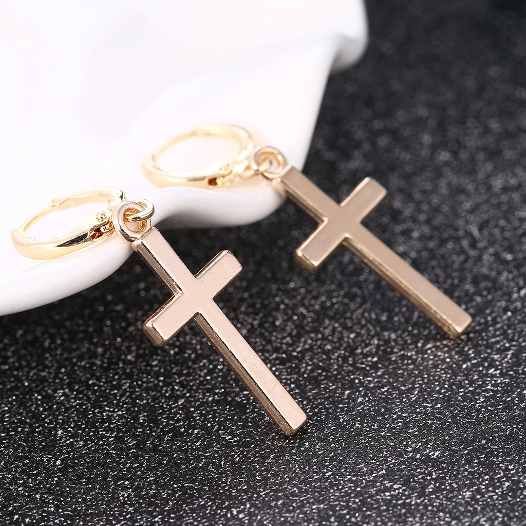Gold Plated Mens Smooth Cross Hoop Earrings with Snap Closure
