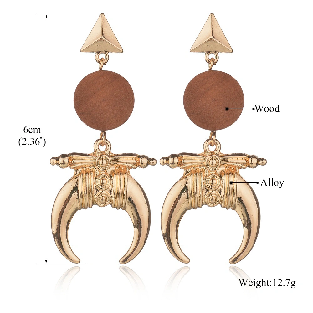 Unfinished Wood Earrings Geometric Cow Ox Horn Alloy Pendant Earrings