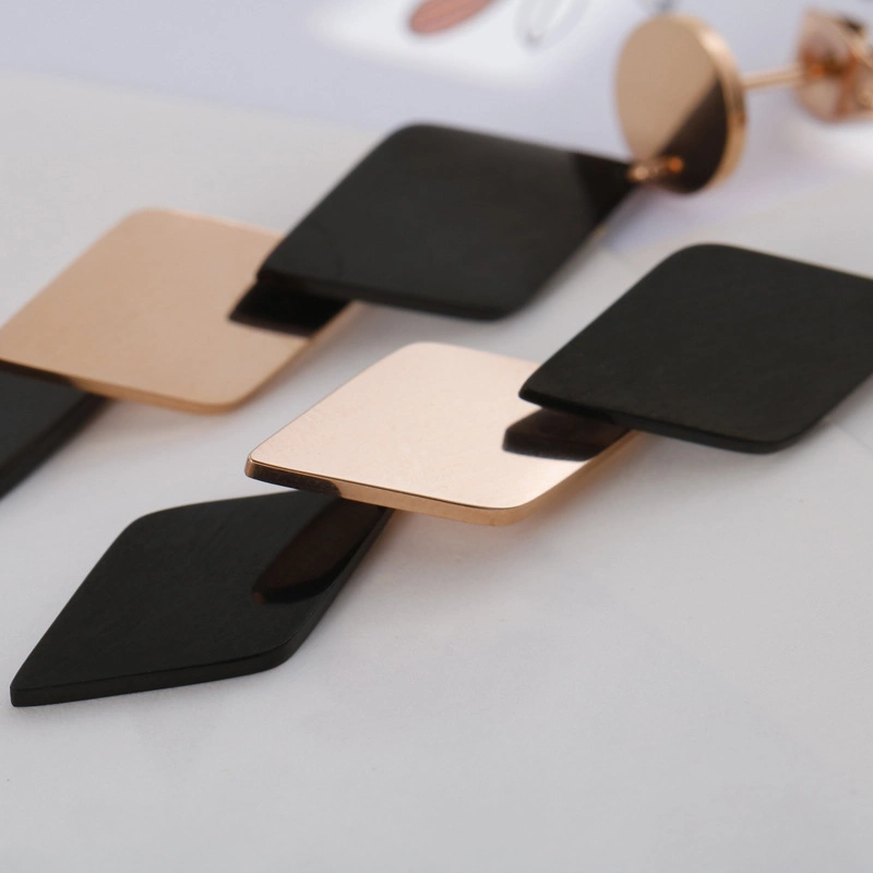 Geometric Black Long Multi-Layer Diamond-Shaped Gold-Plated Stainless Steel Earrings Stud