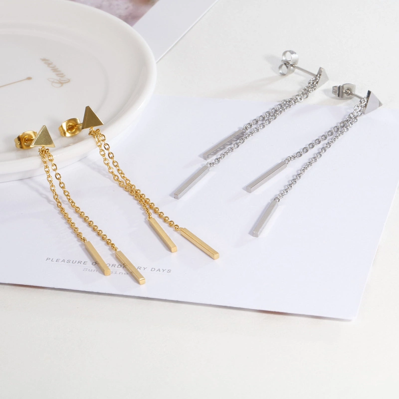 Geometric Triangle Tassel Long Gold-Plated Stainless Steel Earrings Stud