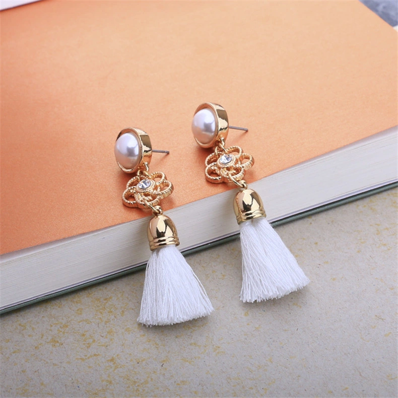 Fashion Retro Jewelry for Women Layered Tassel with Pearl Crystal Stone Stud Earrings