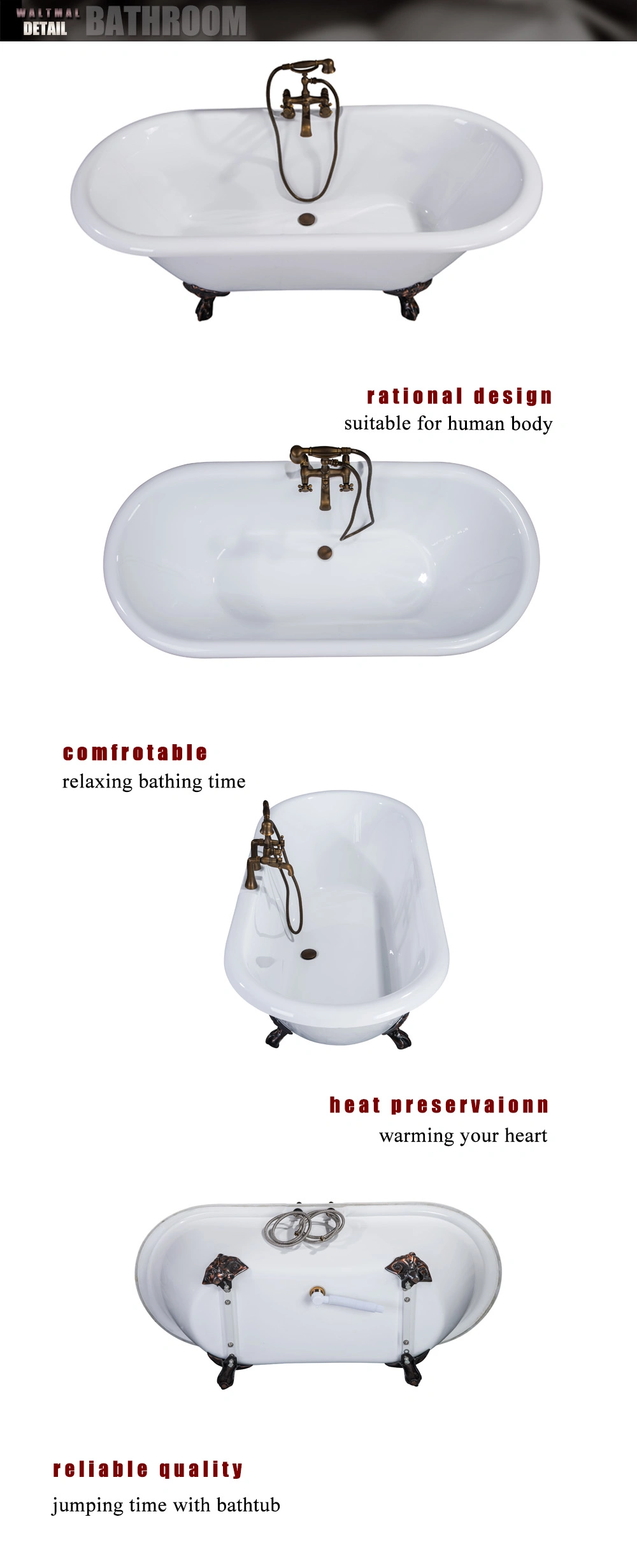 Freestanding Ancient Clawfoot Double End Oval Bathtub