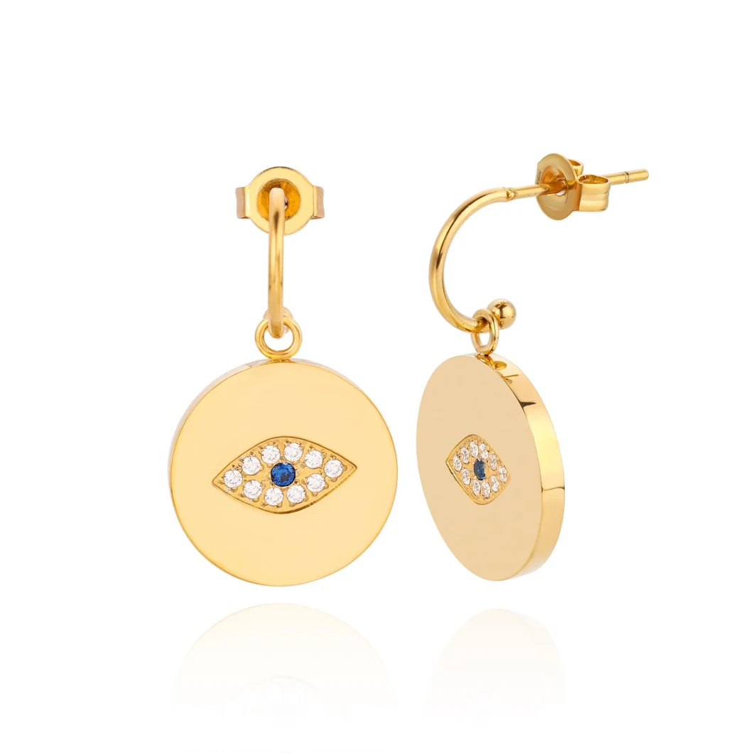 Women Fashion Gold Crystal Love Heart Evil Eye Stainless Steel Dangle Charm Earring Jewelry