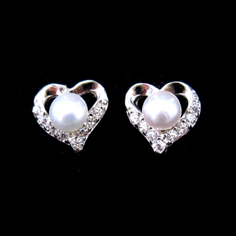 Pure Silver Stub Charm Pearl Heart Earrings for Girls