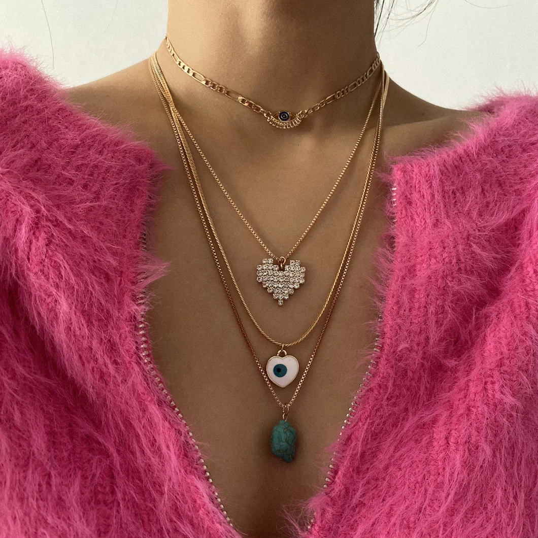 Fashion Jewelry Vintage Tophus Geometric Zircon Necklace Ornaments Female Personality Heart-Shaped Eyes Embossed Multiple Necklace