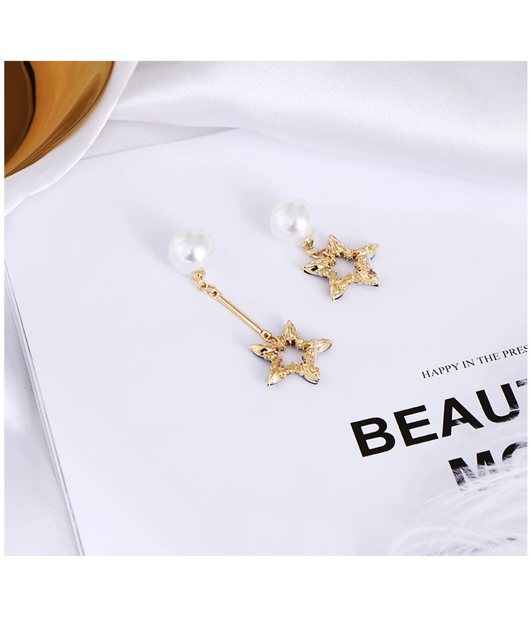 Fashion Women S 925 Silver Plated Pentagram Asymmetry Pearl Stud Earrings