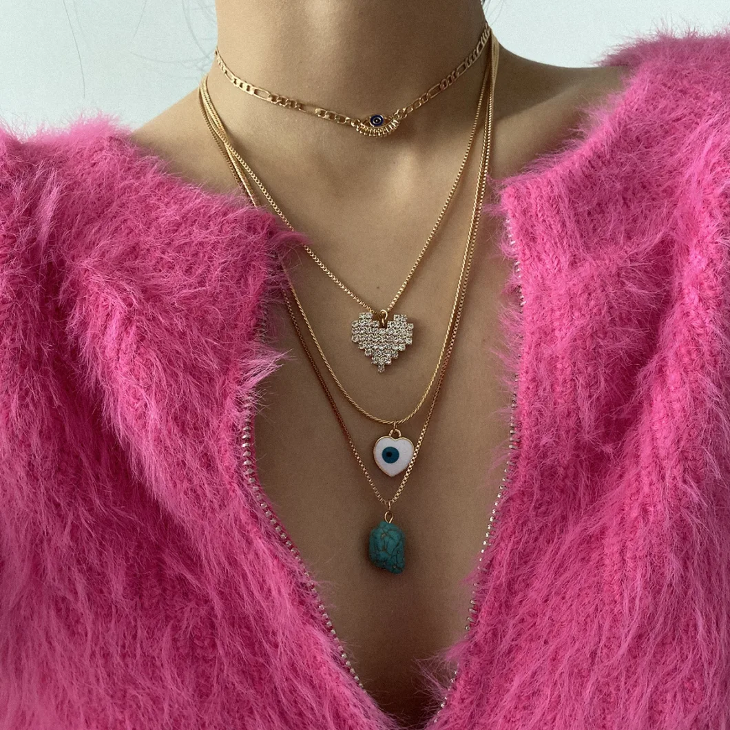 Fashion Jewelry Vintage Tophus Geometric Zircon Necklace Ornaments Female Personality Heart-Shaped Eyes Embossed Multiple Necklace