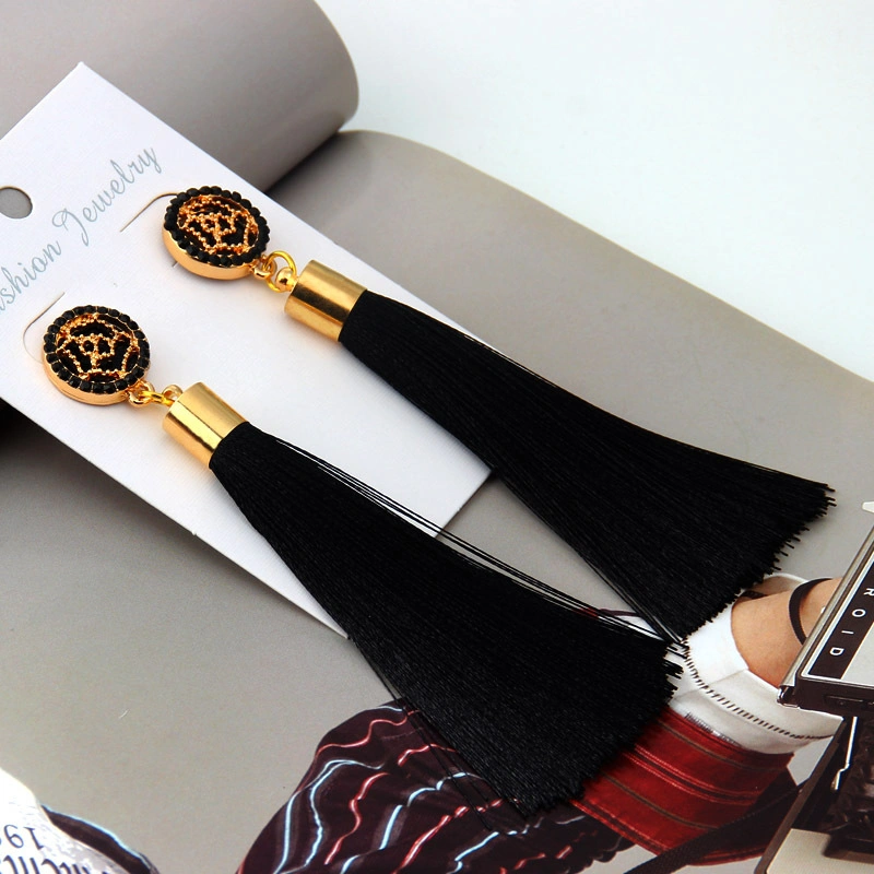 Fashion Gold Rose Flower Metal Long Fan Tassel Drop Earrings for Women