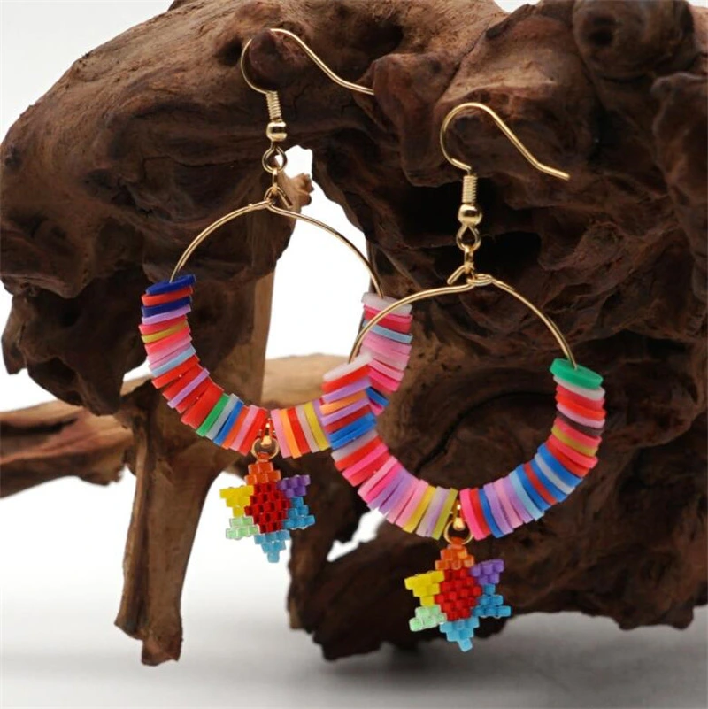 Summer Beach Style Rainbow Soft Clay Earrings Female Miyuki Hand-Woven Six-Pointed Star Earring