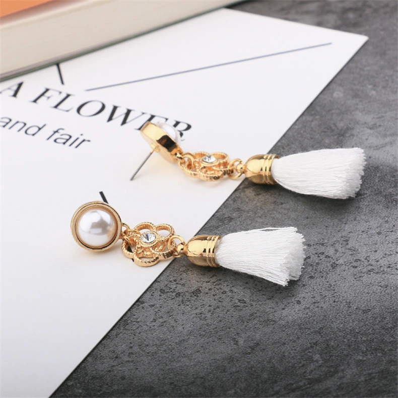 Fashion Retro Jewelry for Women Layered Tassel with Pearl Crystal Stone Stud Earrings