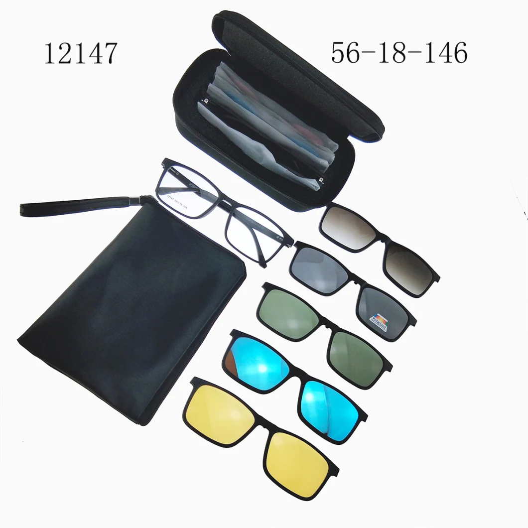 Classic 5 in 1 Clip on Polarized Square Frame Magnetic Sunglasses with Many Colors