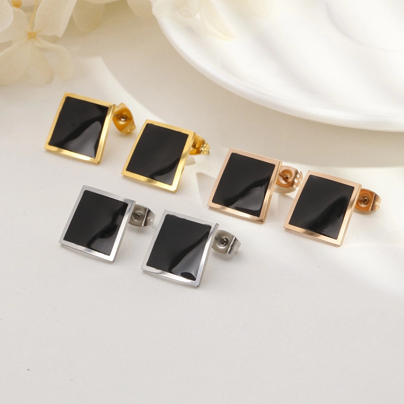 Diamond Black Square Geometric Gold-Plated Stainless Steel Earrings Stud