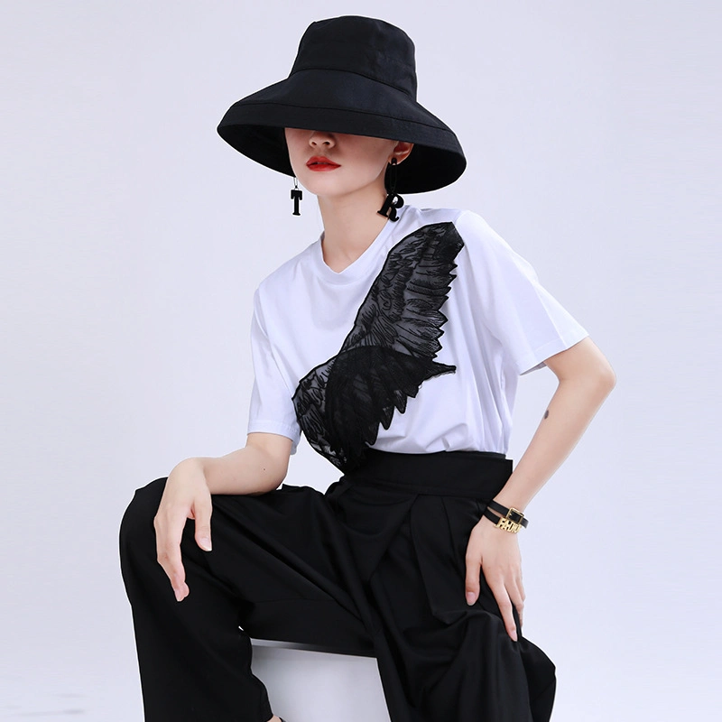 2020 Women's Short Sleeve T-Shirt Personality Top Angel Wings Embroidery Applique T-Shirt